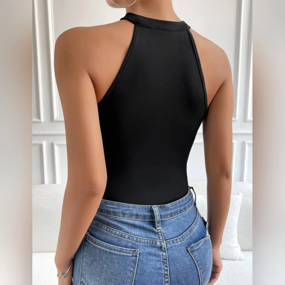 Geo Print Contrast Mesh Black Halter Bodysuit - Picture 3 of 9